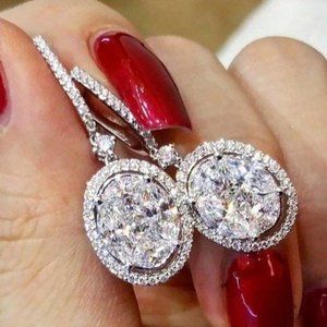 NEW 18K White Gold Oval Diamond Halo Earrings